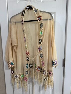 Anthropologie Cream Crochet-Trim Tie-Front Kimono with Multicolor Floral Accents